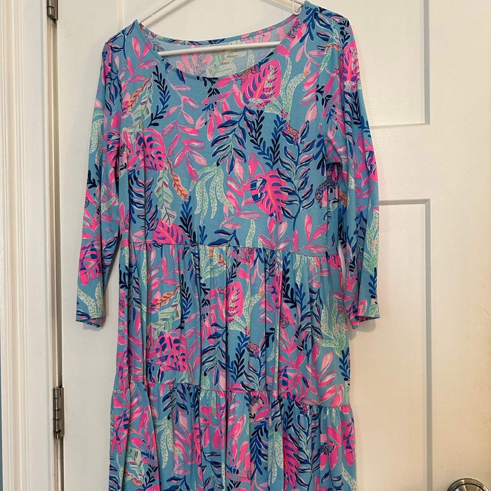 Lilly Pulitzer Blue Pink Tropical Leaf Midi Dress